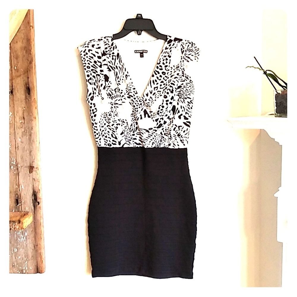 Express Black and White Printed Wrap-Style Sheath Dress